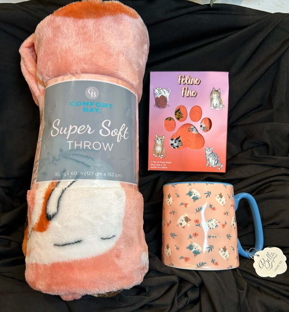 Super Soft Cat Print Throw Blanket, Feline Fine Fuzzy Socks & Ceramic Mug Bundle